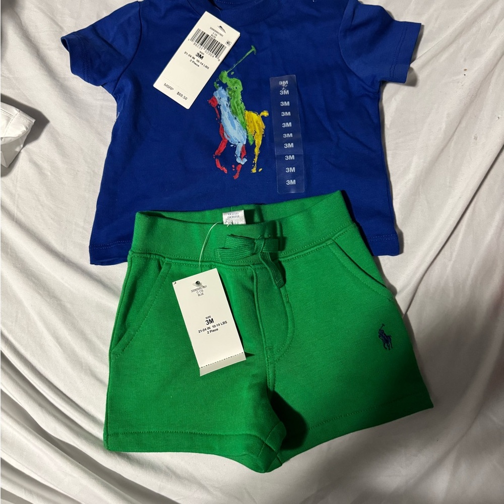 Ralph Lauren Blue Tee and Green Shorts Set